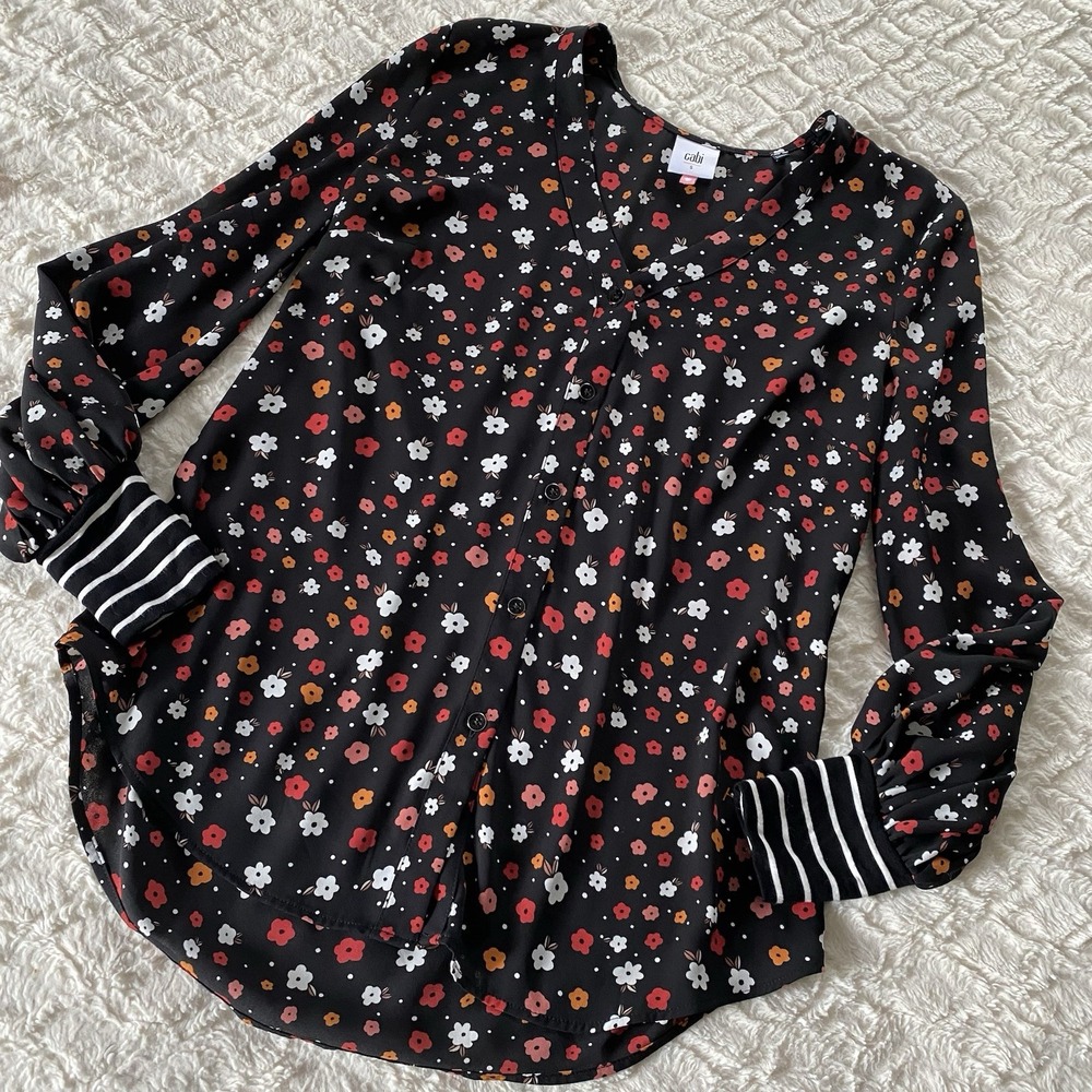 Cabi Cheerful Blouse Black Floral‎ Top Striped Knit Cuffs Size Small Business